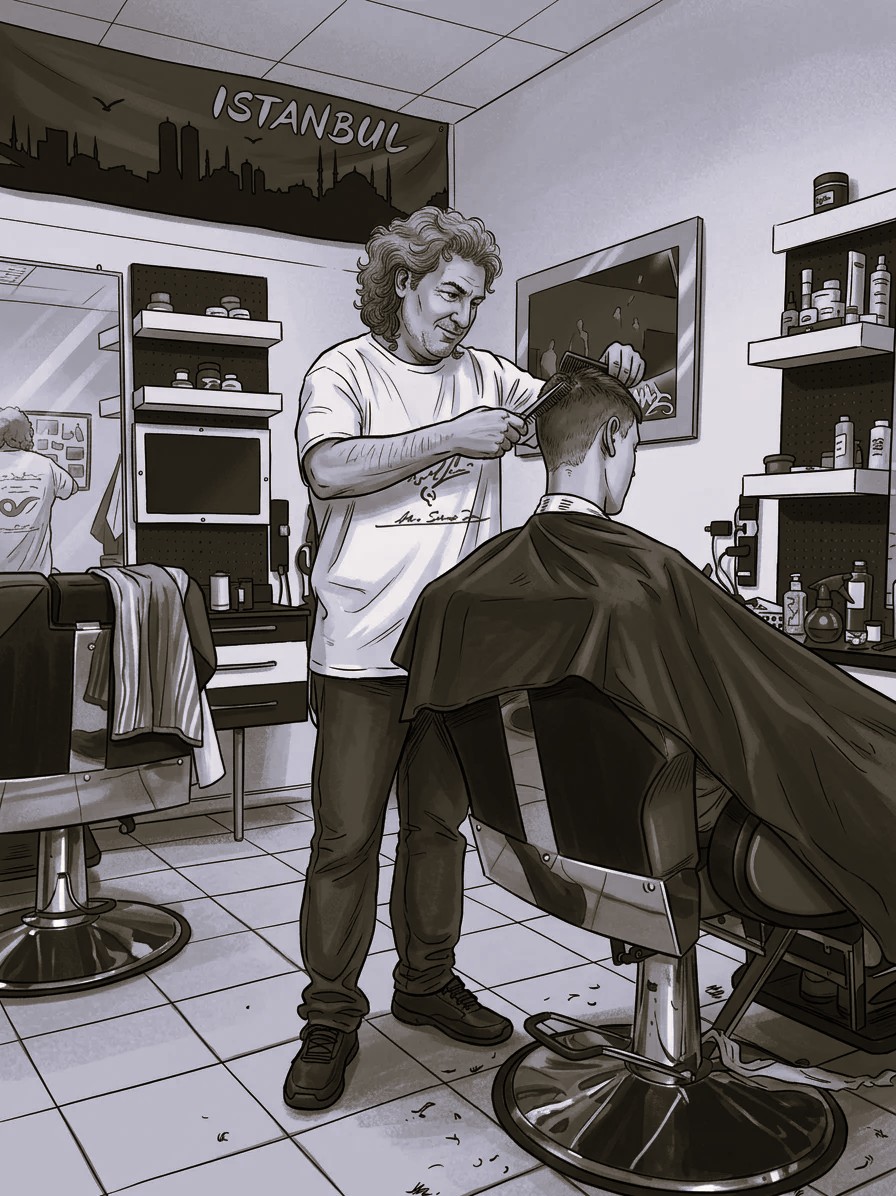 Ibo iş başında – İstanbul tabelasıyla salon illüstrasyonu